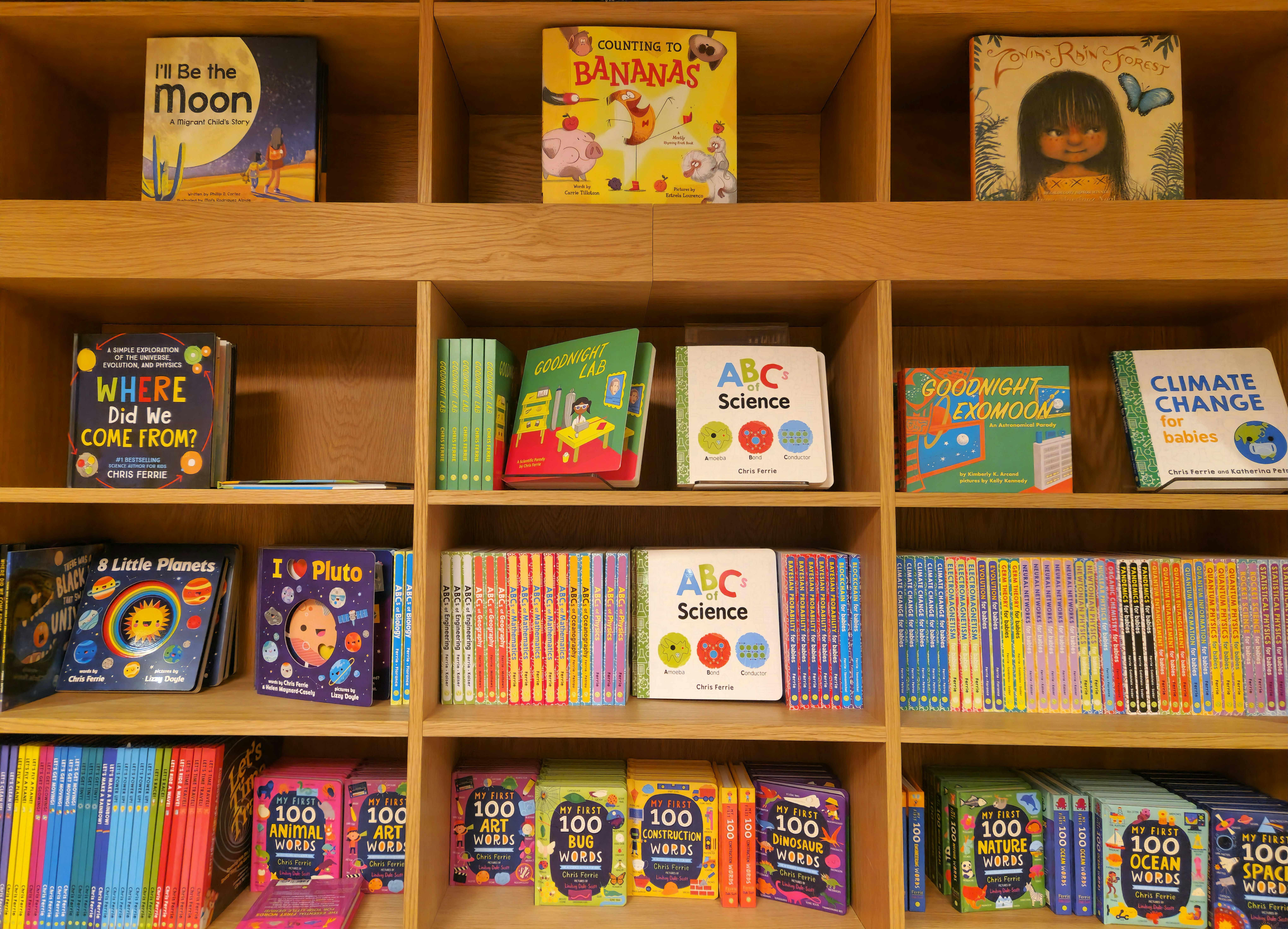 Children's picture books arranged on a bookshelf